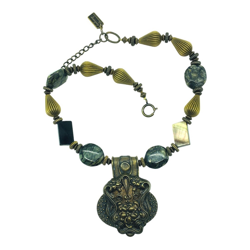 Anthony Alexander Genuine Stone Embossed Metal Gothic Style Statement Necklace